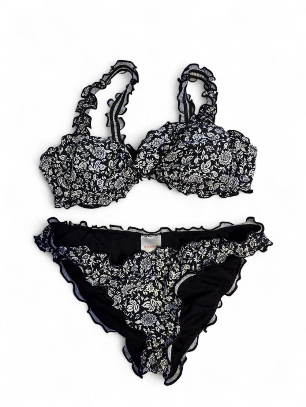 Xhilaration Black and White Floral Ruffle Bikini Set